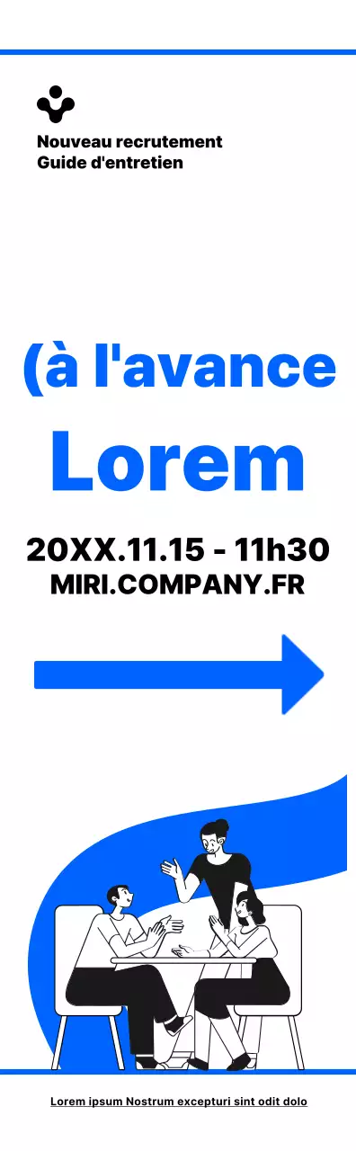 Illustration simple en bleu et noir indiquant les directions à suivre pour se rendre à l'entretien de recrutement
