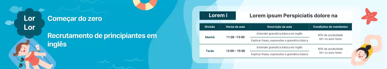 Apresentação dos especiais de verão da escola com uma vista fresca de verão para o mar em azul-celeste