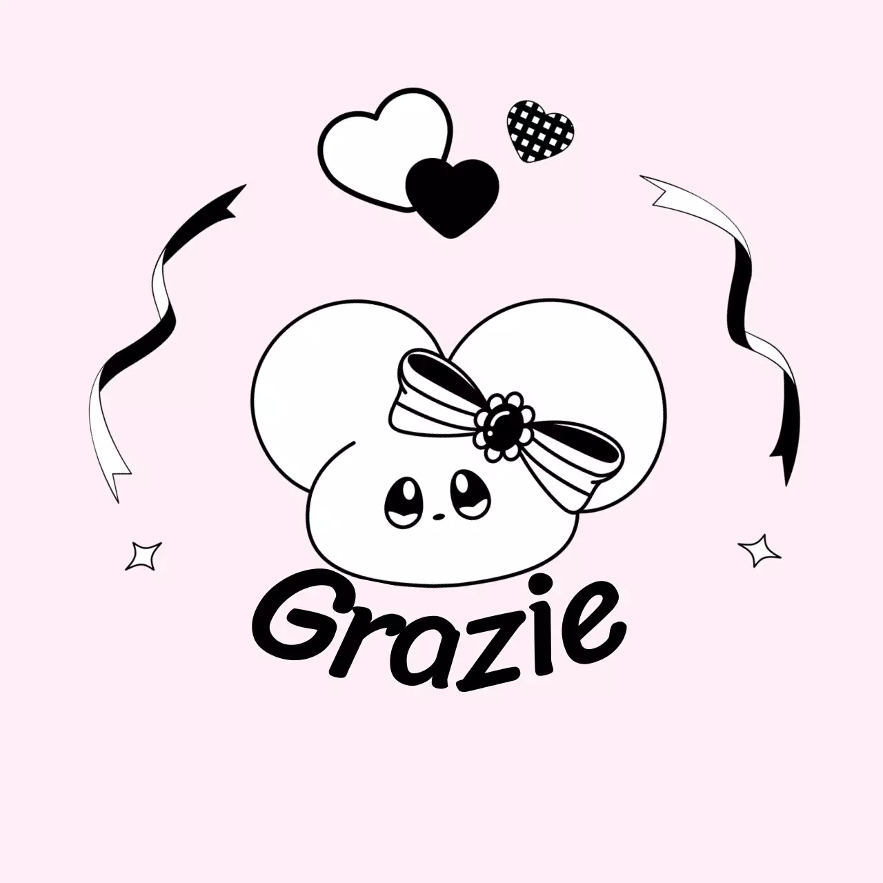 Merchandising di ringraziamento con un simpatico personaggio di topolino rosa e nero.