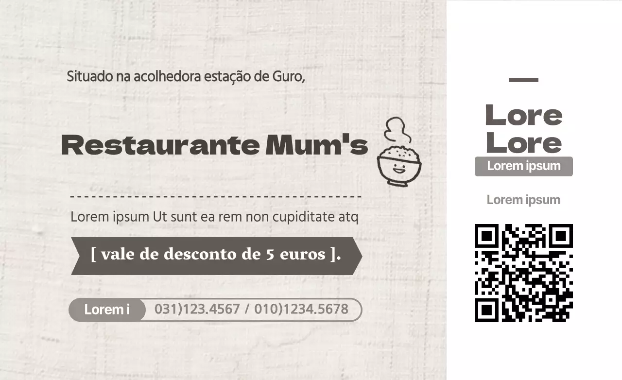 Conceito de cupão de desconto a castanho e branco, simples e limpo, para promoção e informação de restaurantes
