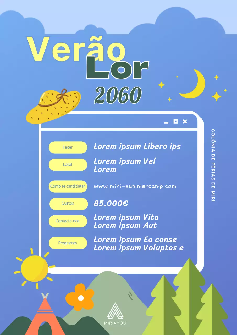 Recrutamento para um campo de férias fixe em amarelo e azul