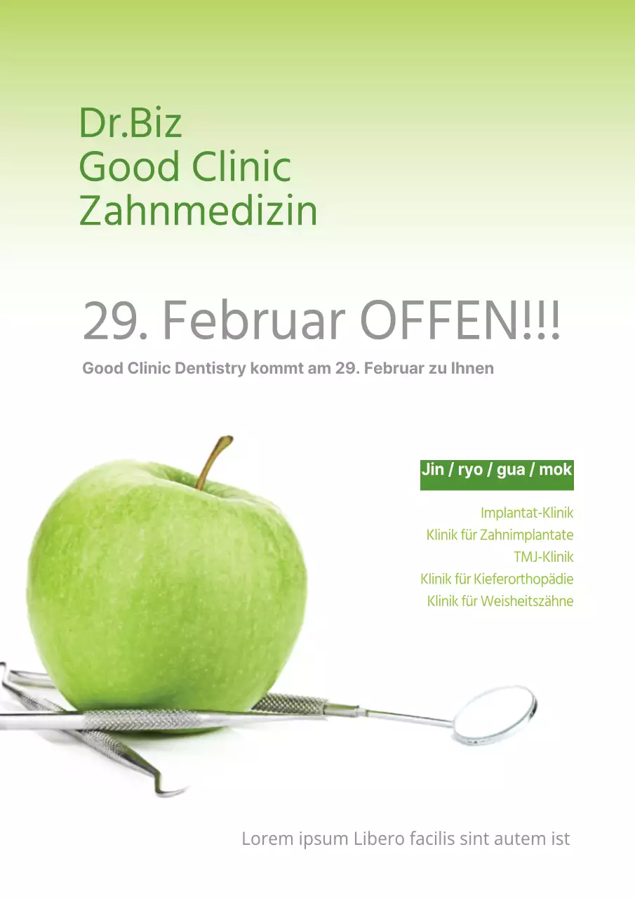 Zahnmedizinische Fachgebiete und Praxen mit Fotos in grün