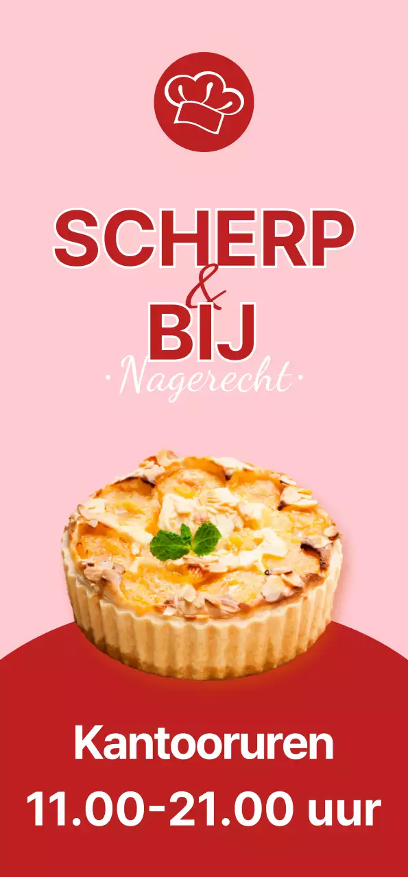 Een banner die een menu van zoete dessert taartjes introduceert met een roze achtergrond