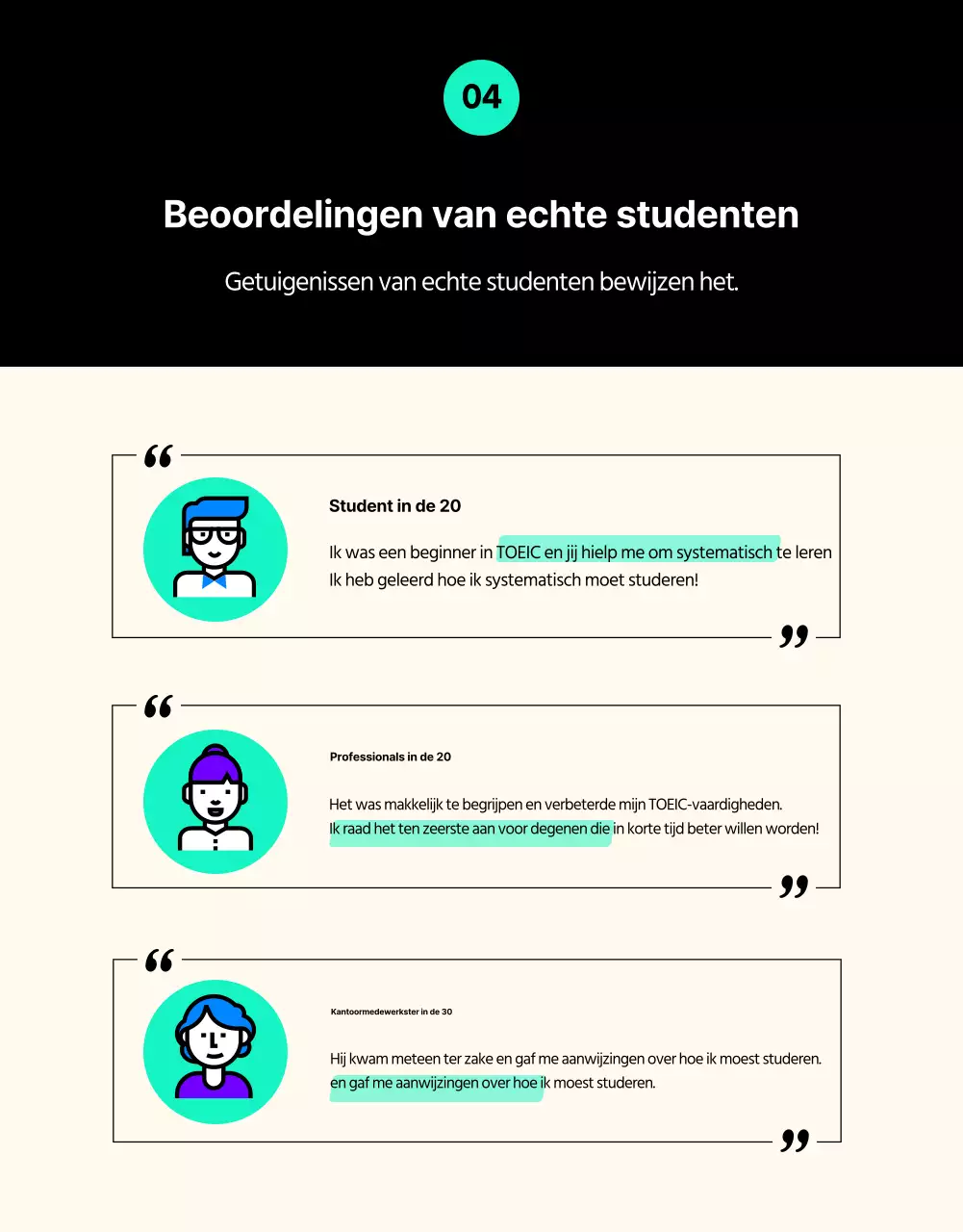 Sluit je aan bij het hippe blauwe en mintkleurige TOEIC-studieteam