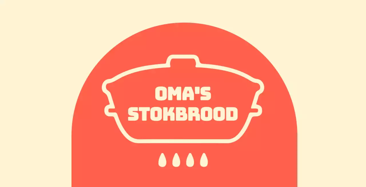 Oma's stokbroodwinkel balsa met gebogen rode vormen op een ivoorkleurige achtergrond