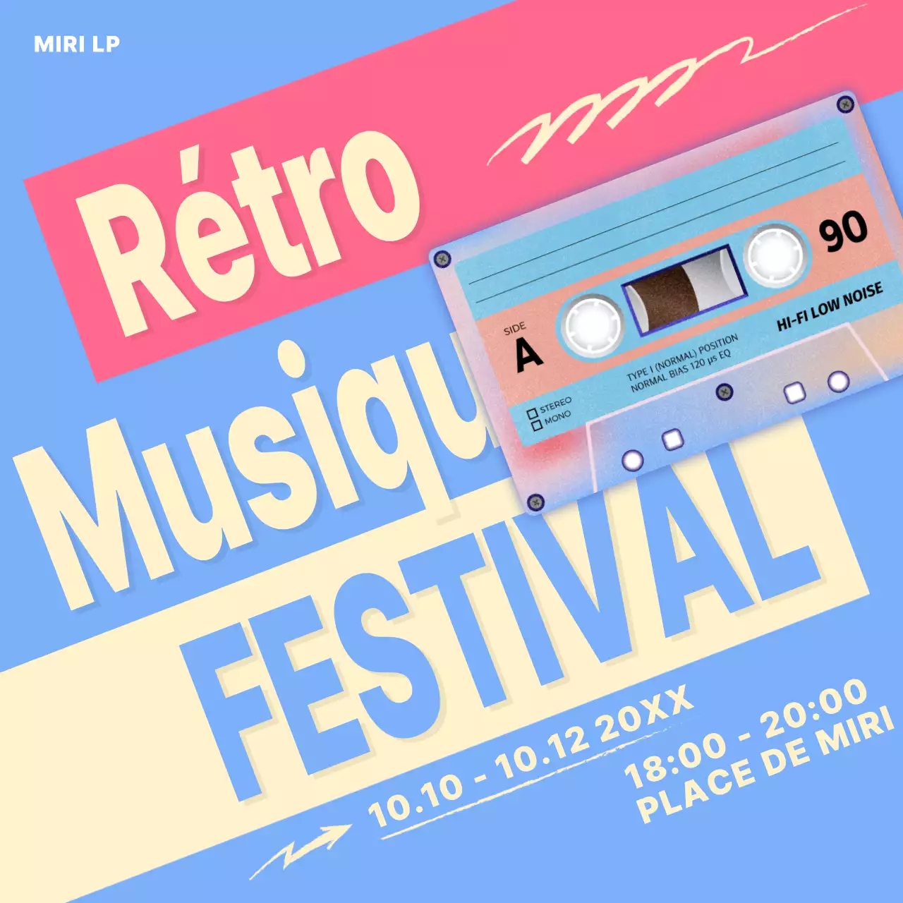 Annonce d'un festival de musique rétro en bleu clair et jaune