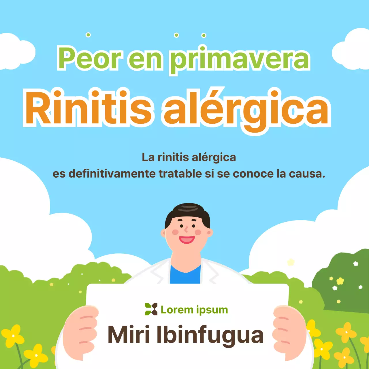 Una ilustración cálida, fresca y primaveral en tonos pastel amarillos y chartreuse para ayudar a prevenir la rinitis alérgica durante la estación primaveral.