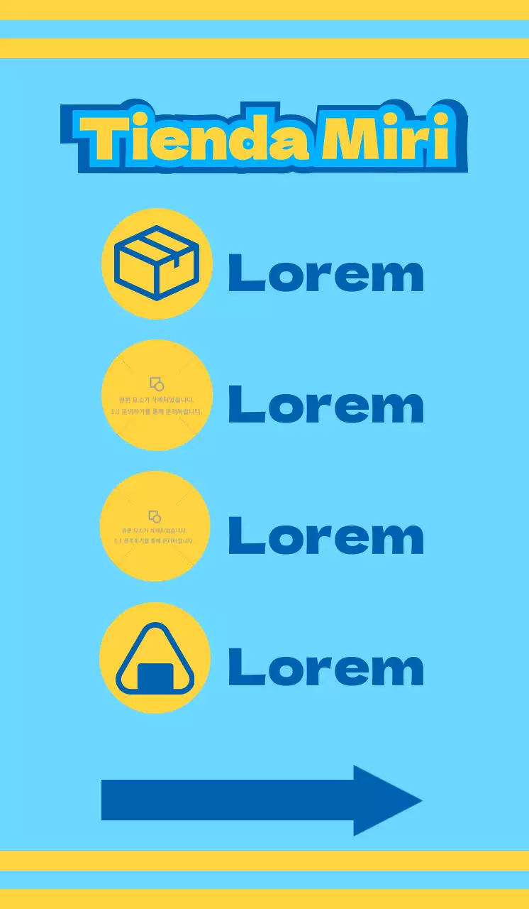 Tienda de comestibles con iconos azules y amarillos que promocionan diversos servicios