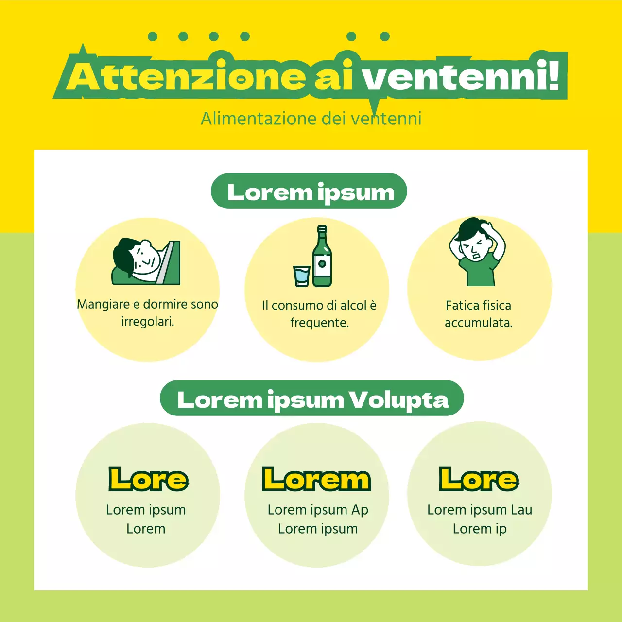 Promuovere i prodotti nutrizionali con illustrazioni gialle e verdi