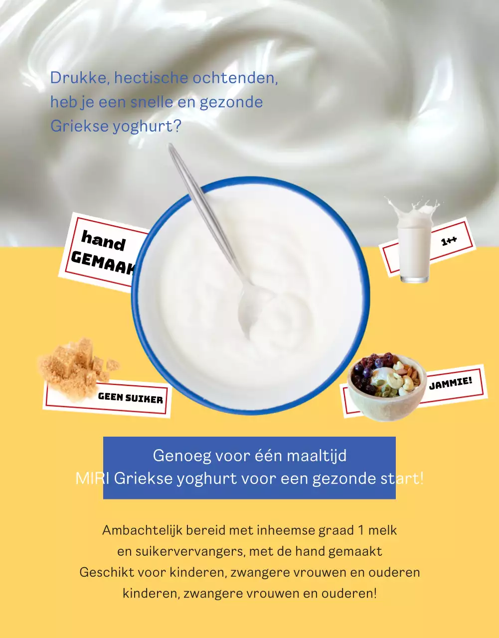 Blauw gele levendige schone Griekse yoghurt detail pagina