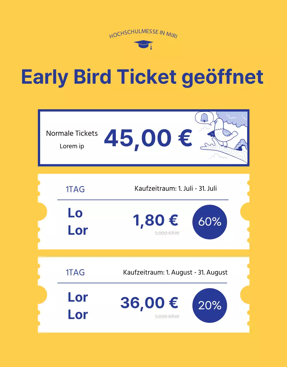 Blaue und gelbe Illustration einer Messe für Hochschulzulassungen
