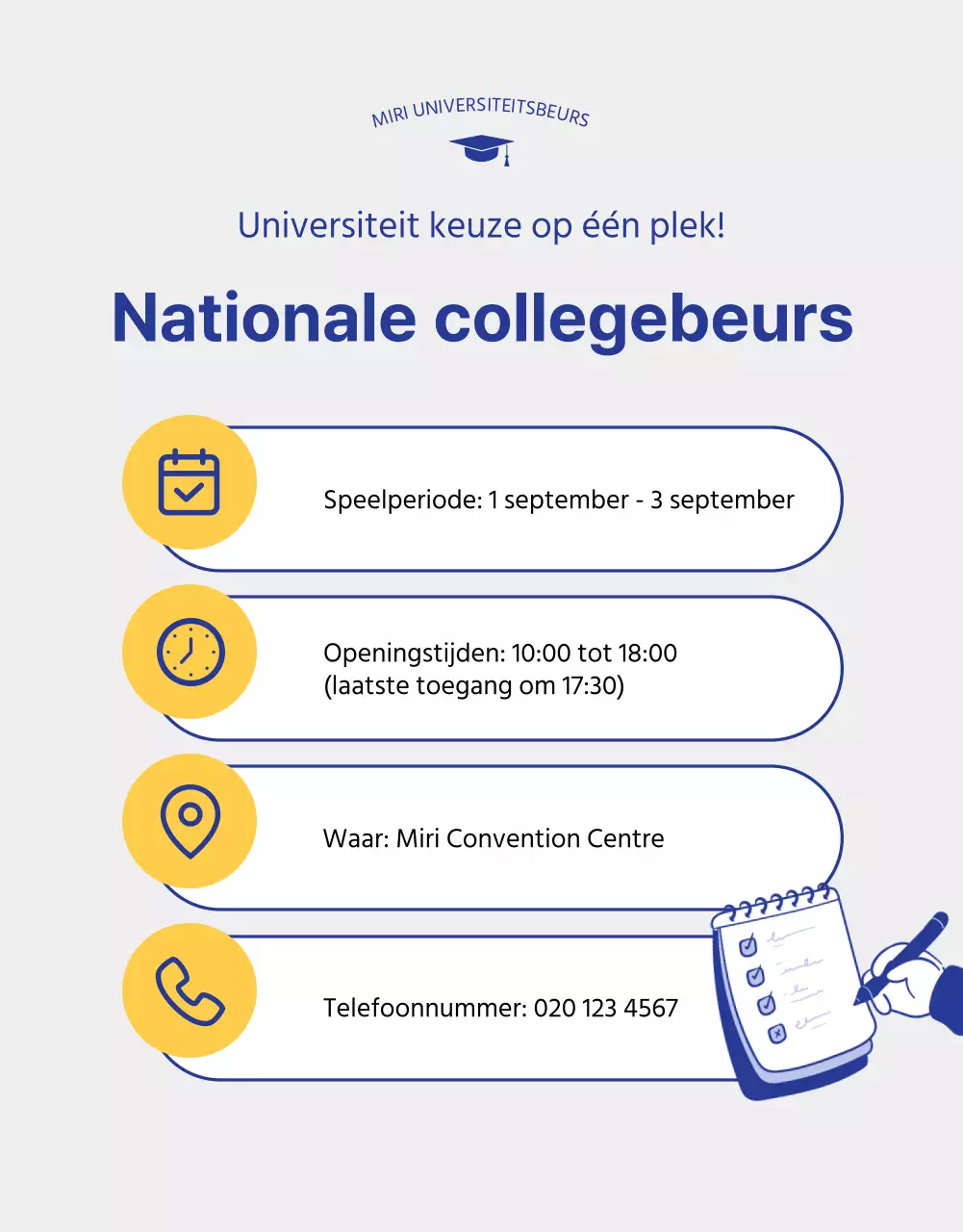 Blauwe en gele illustratie van een toelatingsbeurs voor universiteiten
