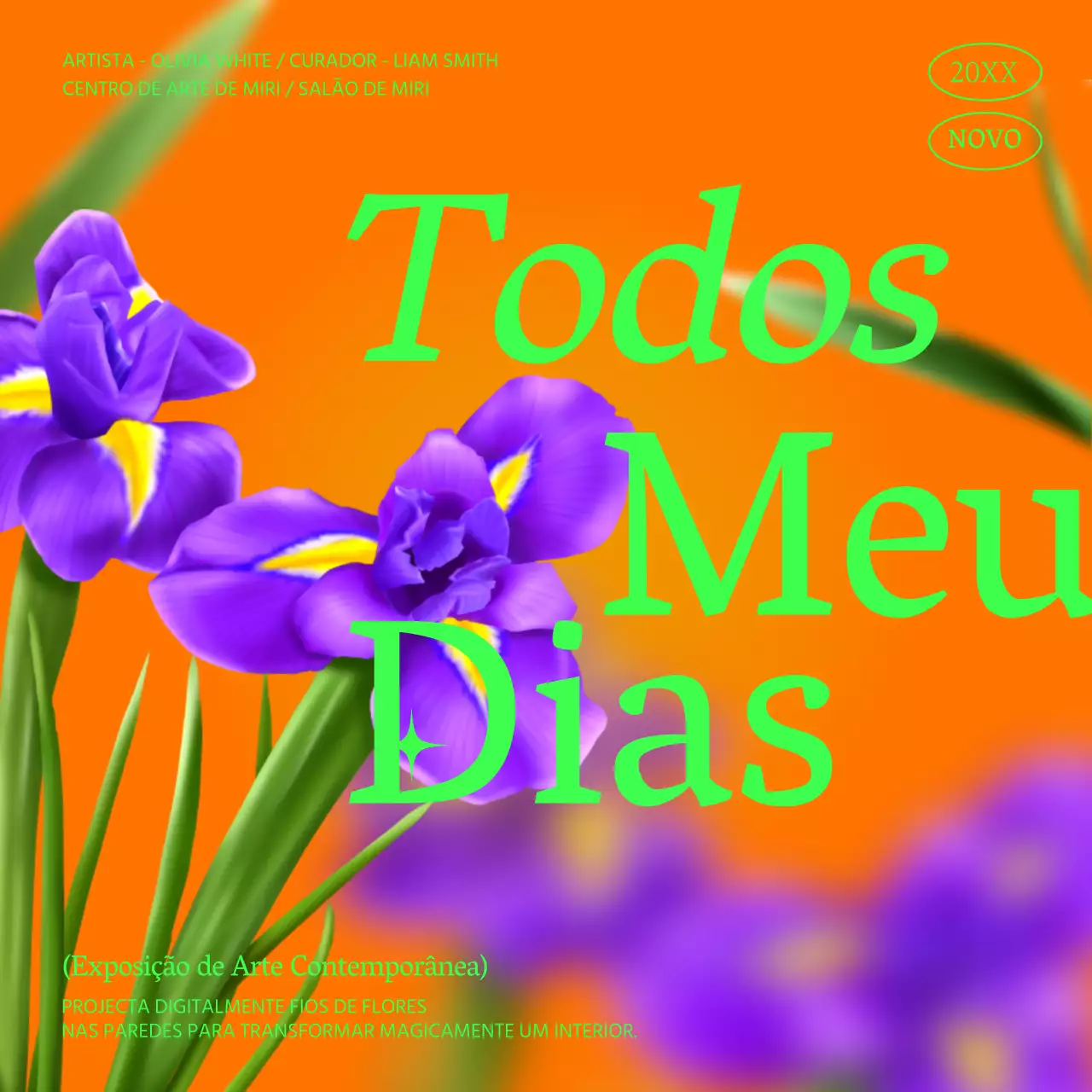 Título da exposição de arte contemporânea em laranja e roxo