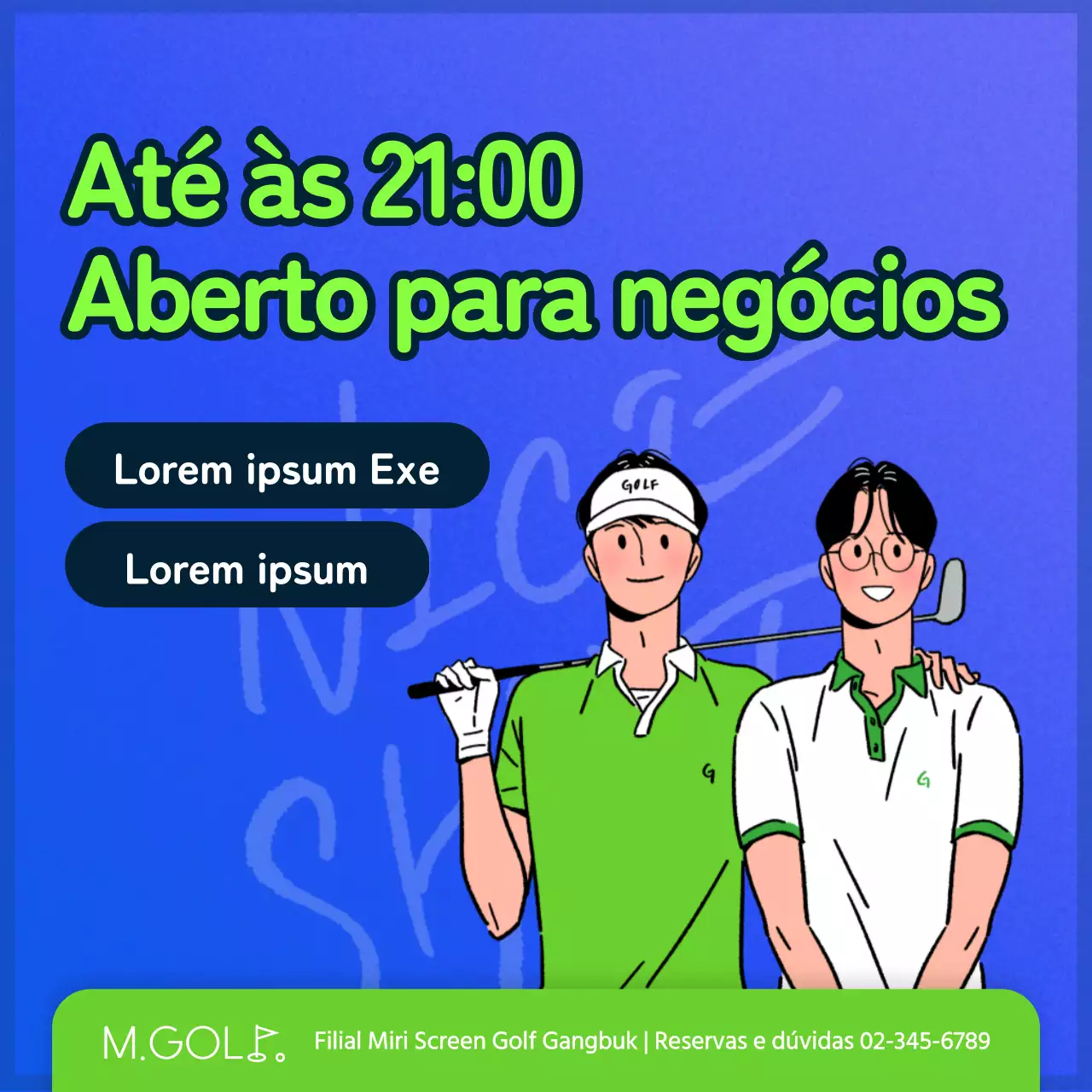Horário de funcionamento do campo de golfe em azul e chartreuse