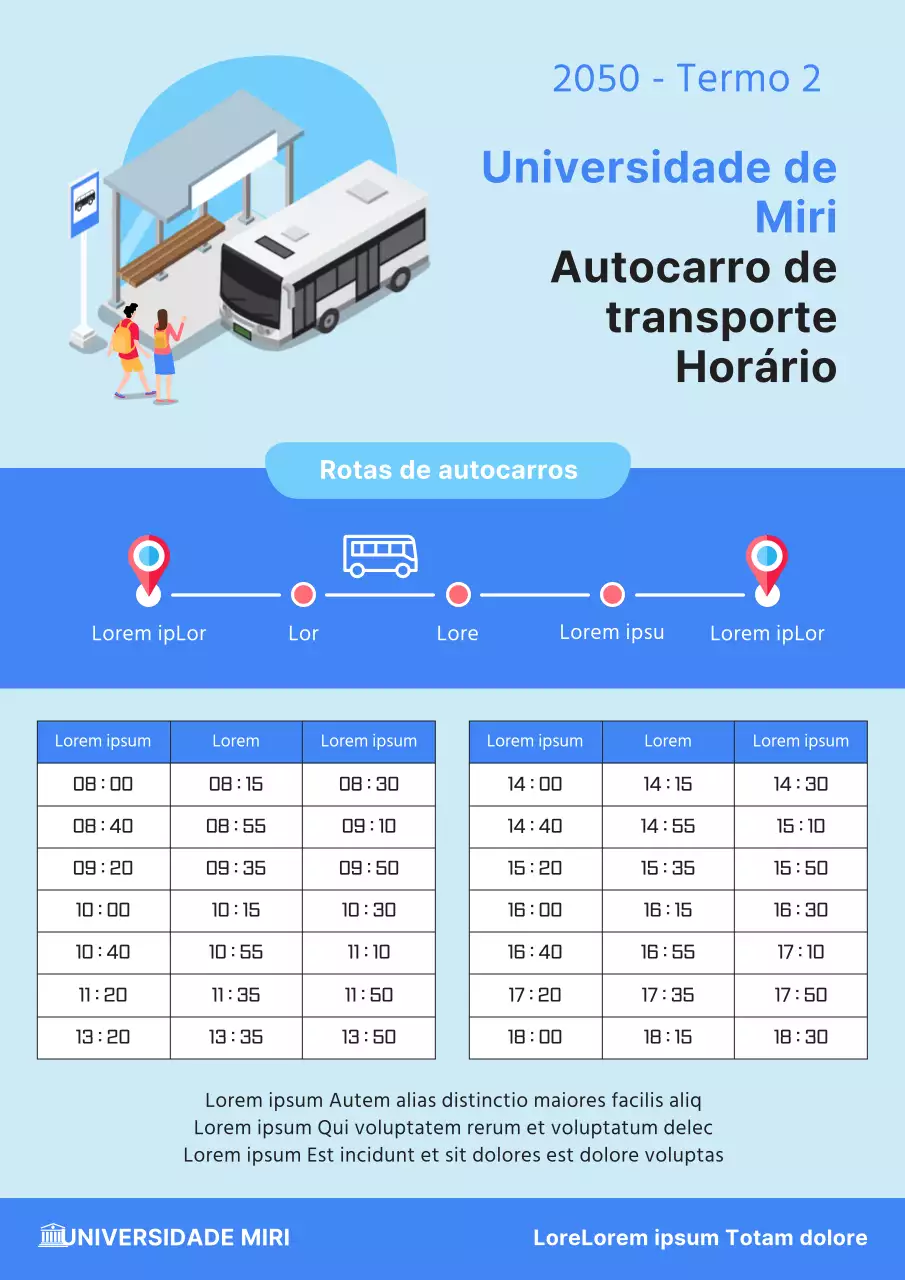 Guia simples azul e azul claro dos horários dos autocarros de vaivém