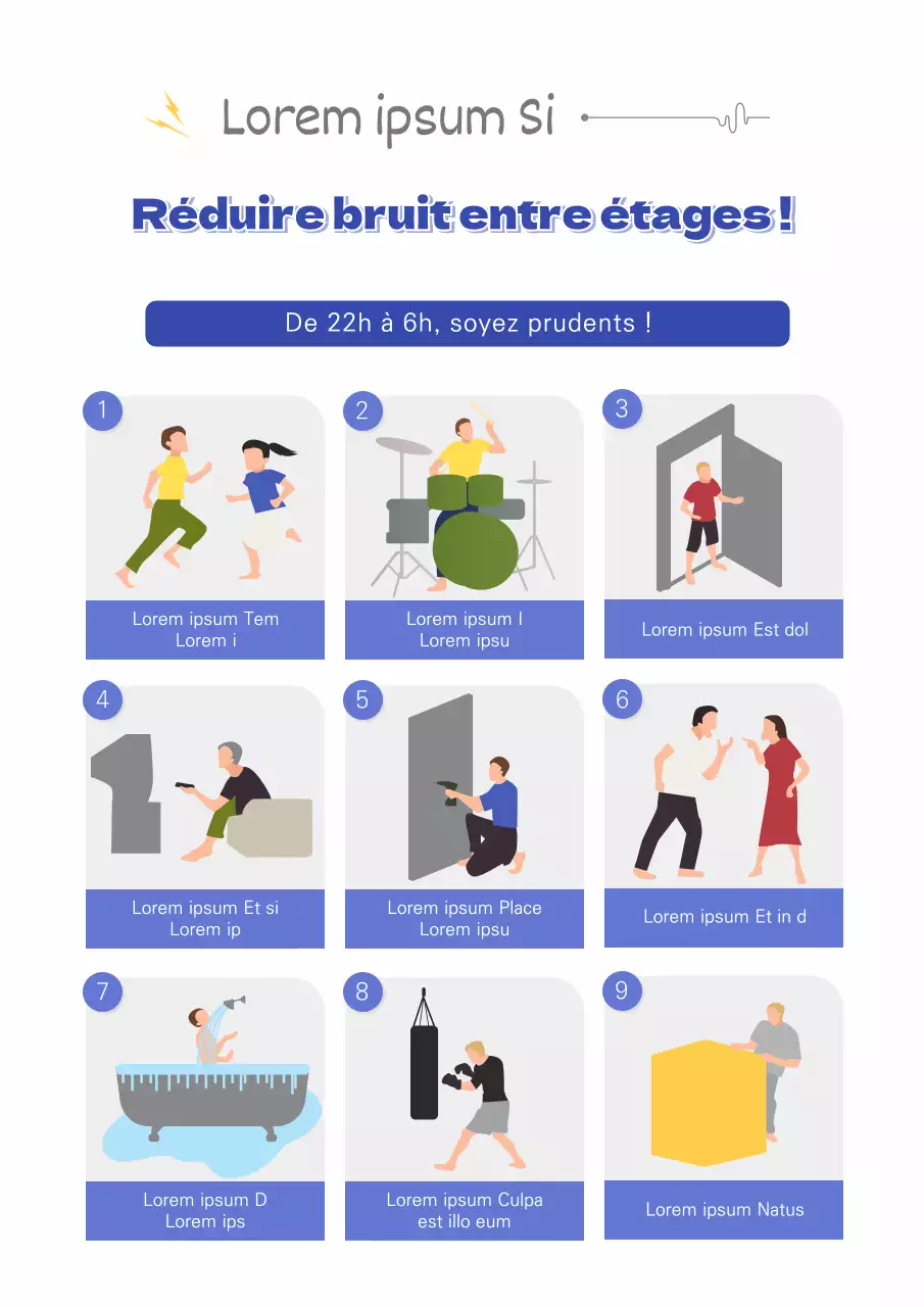 Thème du bruit entre les étages avec des illustrations détaillées sur fond bleu