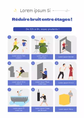 Thème du bruit entre les étages avec des illustrations détaillées sur fond bleu