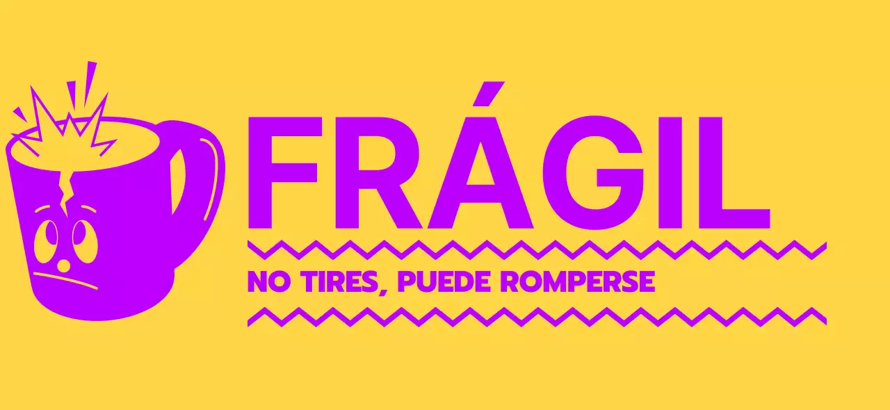 Diseño de advertencia de tránsito con personajes amarillos y morados que rompen la copa