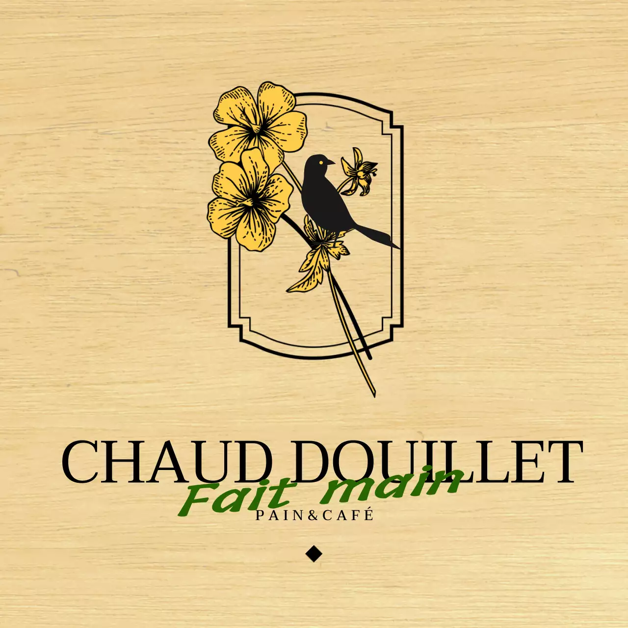 Conception émotionnelle d'un café-boulangerie avec des illustrations de fleurs et d'oiseaux en noir et jaune