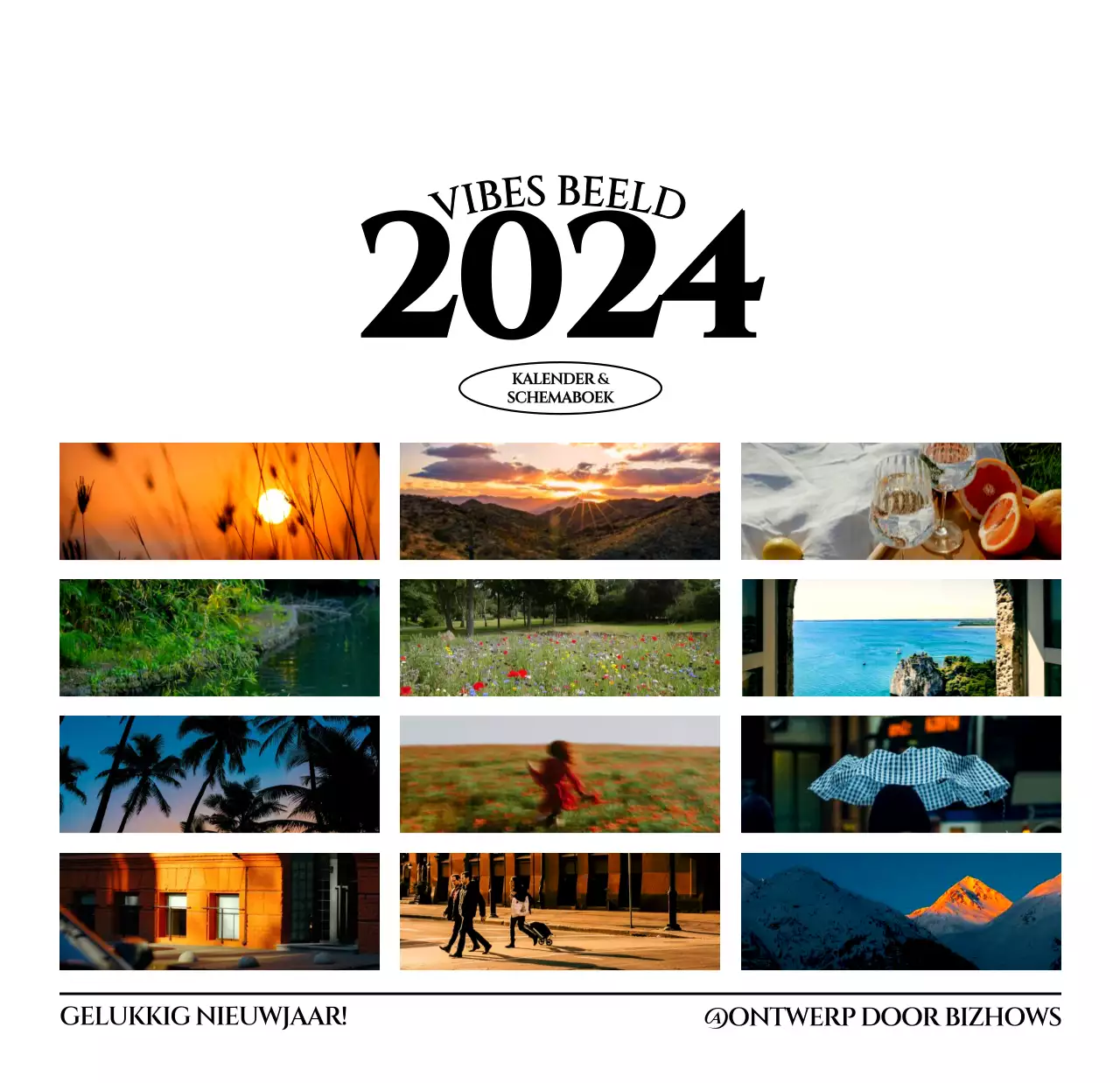 Eenvoudige stijl muurkalender met zwart-wit emotionele reisfotografie concept