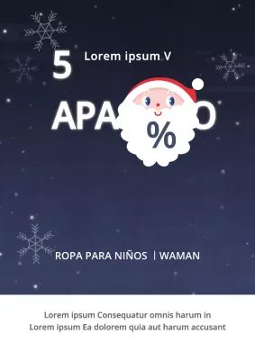 Bonito folleto promocional de las rebajas de fin de año en azul marino y blanco