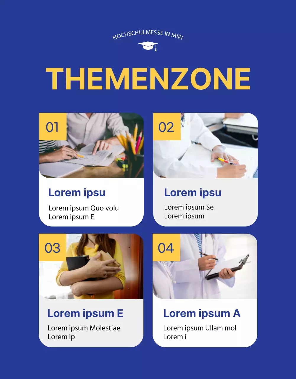 Blaue und gelbe Illustration einer Messe für Hochschulzulassungen