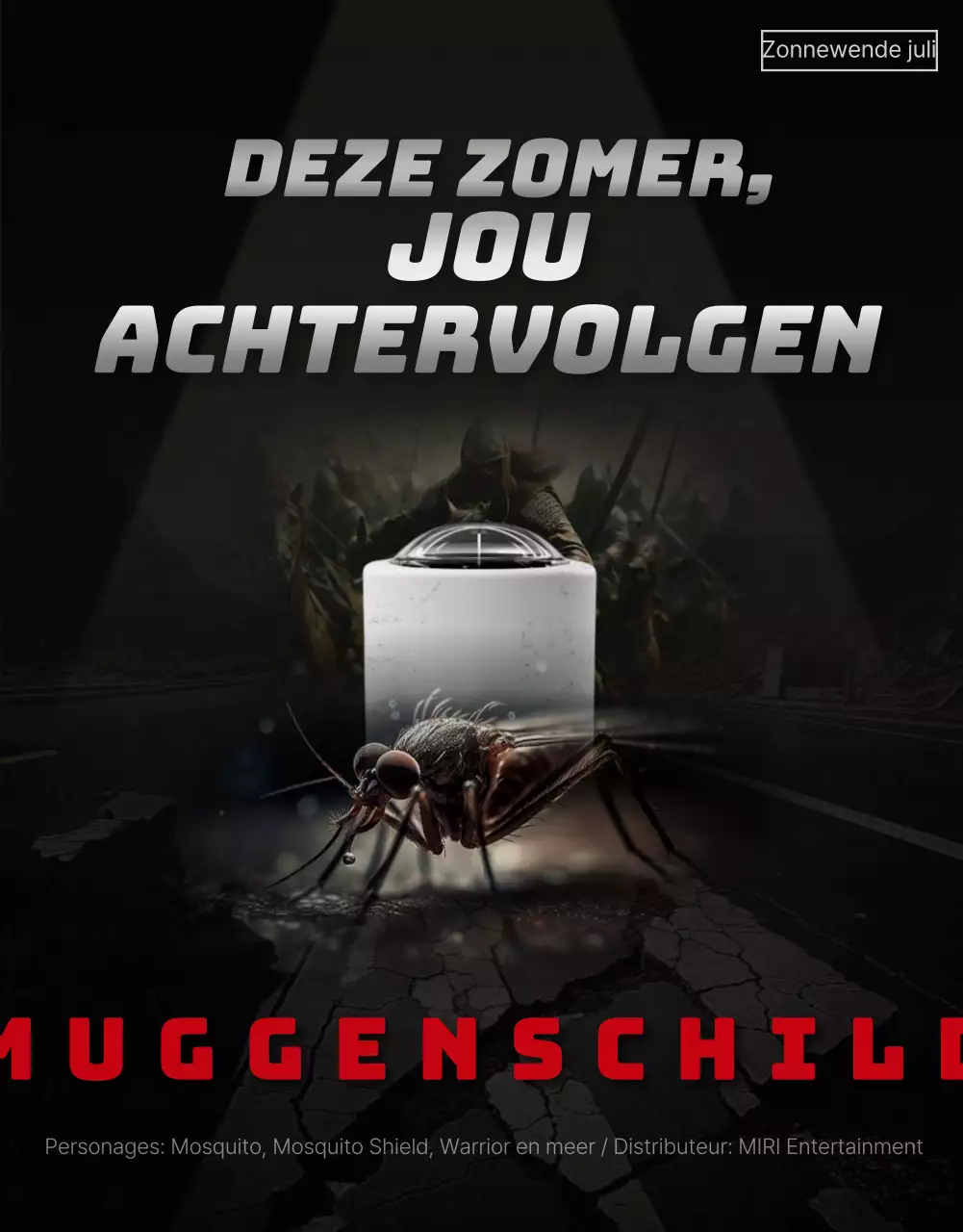 Promoot een muggenwerend product met een zwarte en rode poster van een rampenfilm.