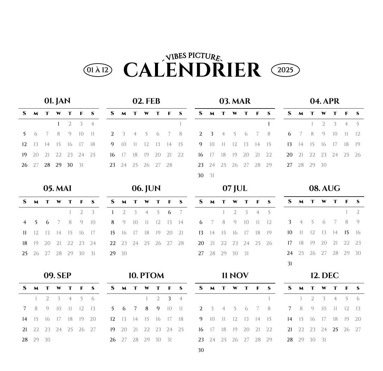 Calendrier mural de style simple avec concept de photographie de voyage émotionnelle en noir et blanc