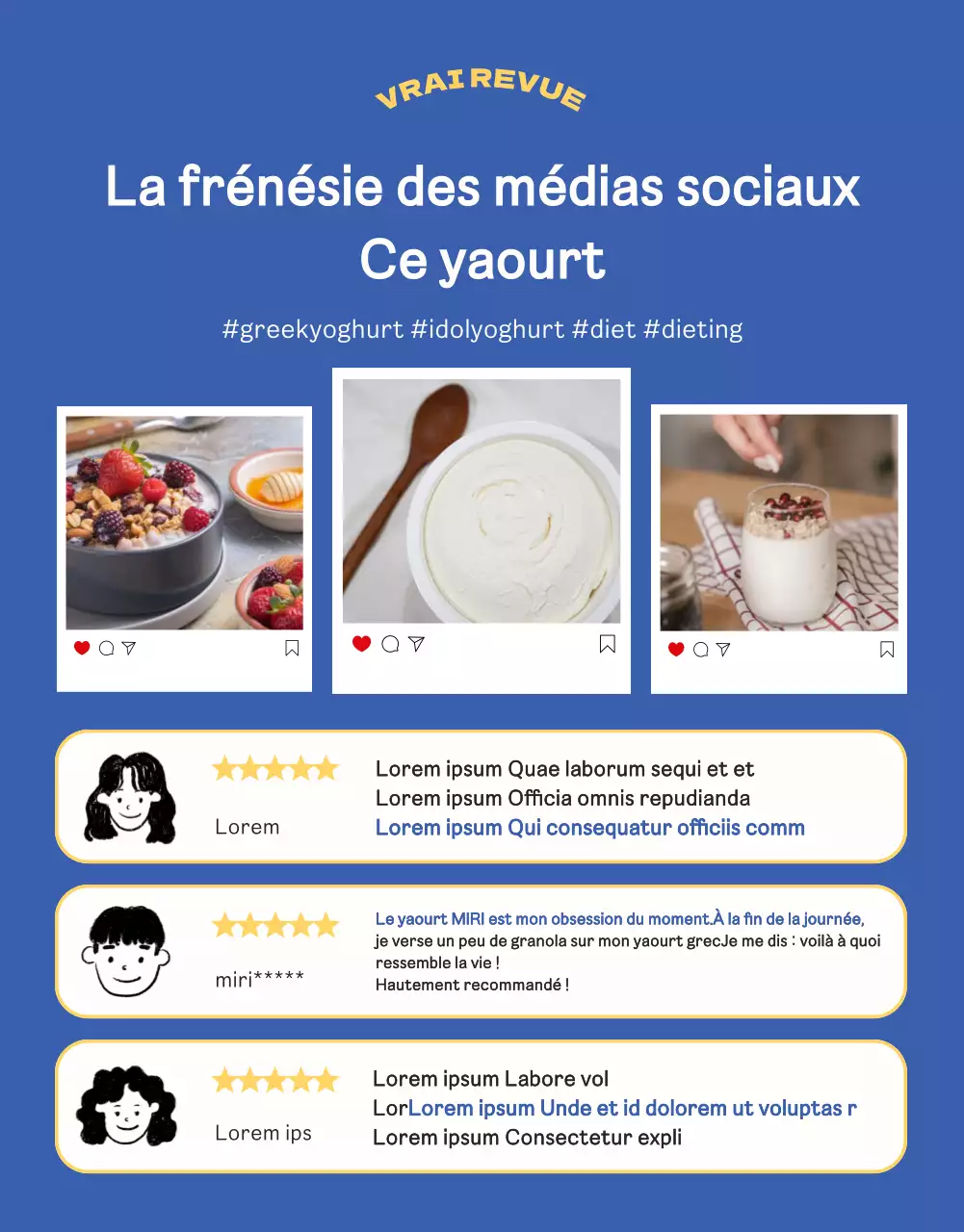 Yoghourt grec bleu, jaune, vif et propre page de détail