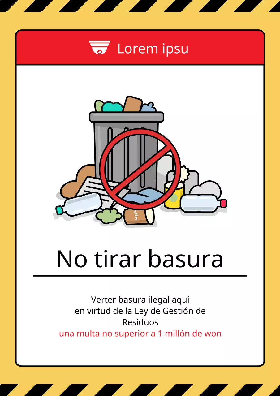 Un bonito y limpio aviso de no tirar basura en amarillo y negro