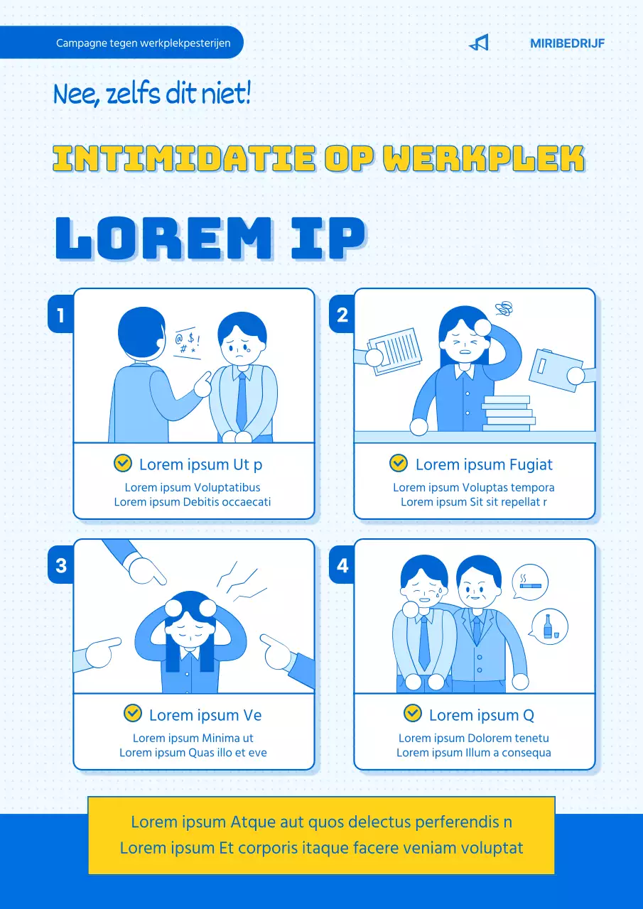 Blauw en geel geïllustreerde webposter voor werkplek pesten