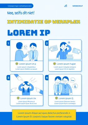 Blauw en geel geïllustreerde webposter voor werkplek pesten