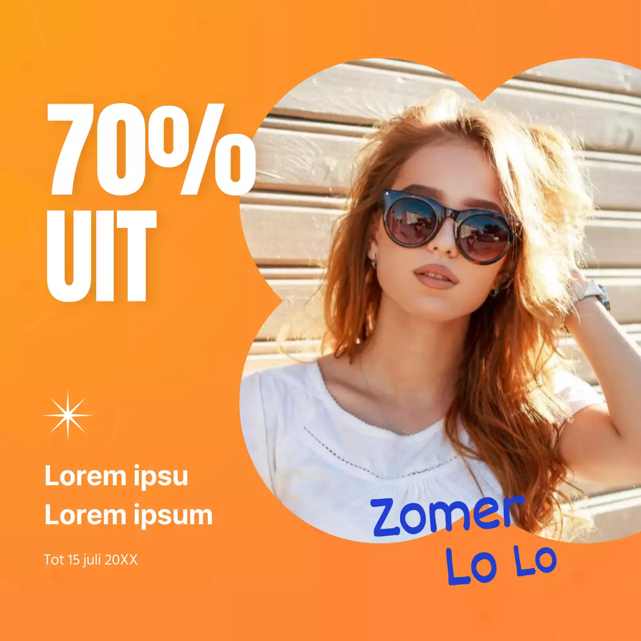 Sale-evenement voor casual modeartikelen met een portret op een oranje achtergrond