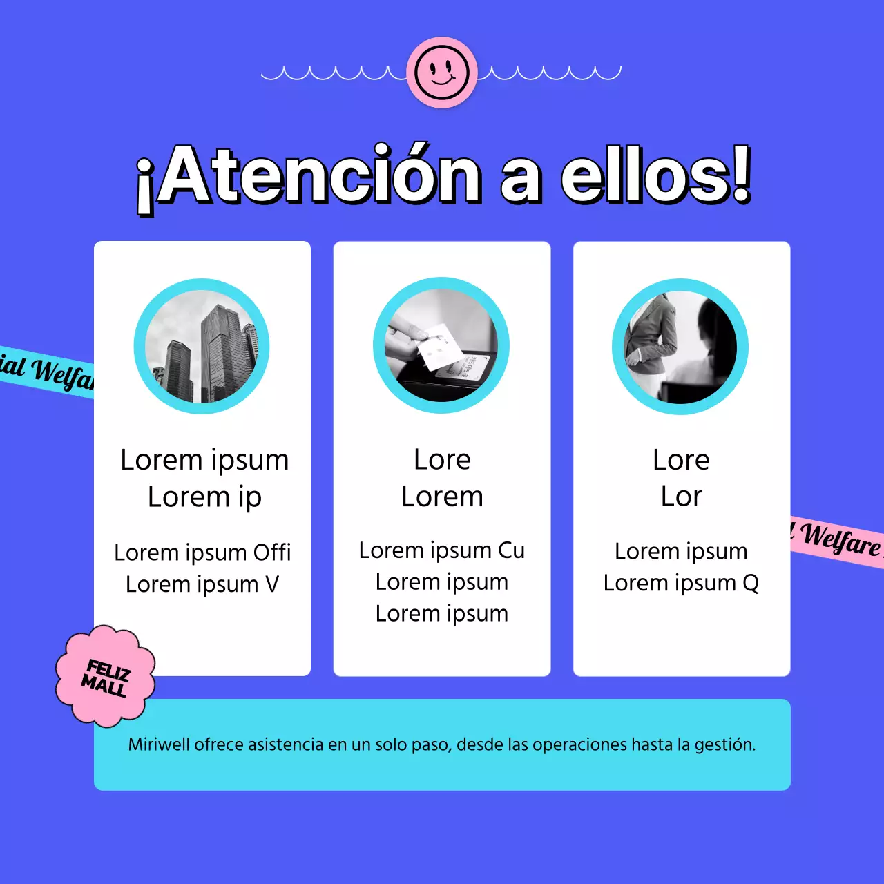 Explicando el centro comercial azul de bienestar corporativo con un concepto de pegatina CardNews