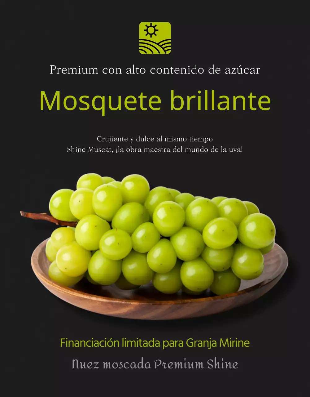 moscatel de alta calidad con alto contenido en azúcar y brillo en negro y verde para recaudar fondos promoción de ventas agricultores locales pequeña empresa alimentos locales