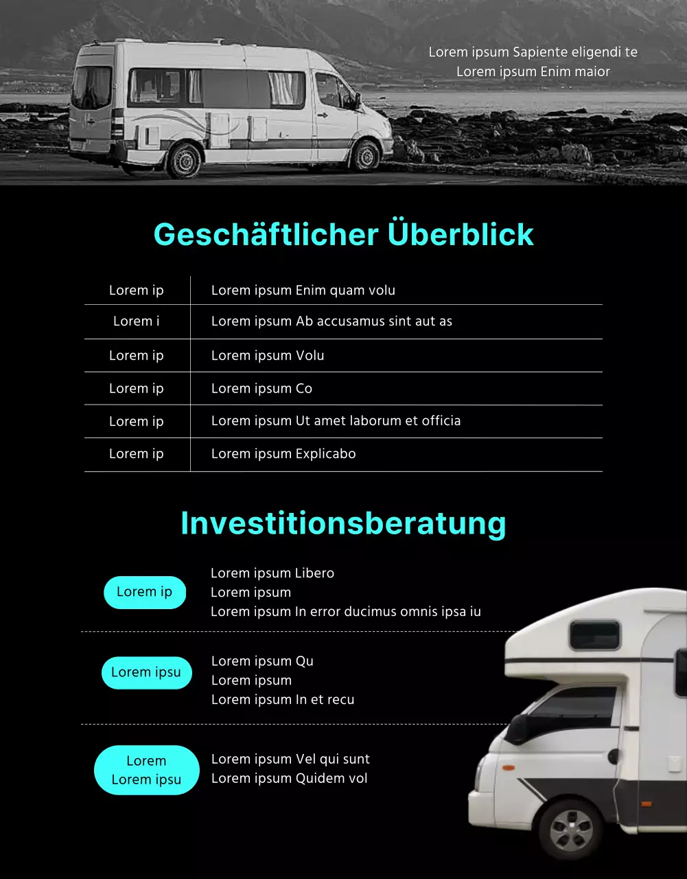 Ein einfaches Wohnmobil mit dunklen Farben und mintfarbenen Akzenten Erfahren Sie mehr