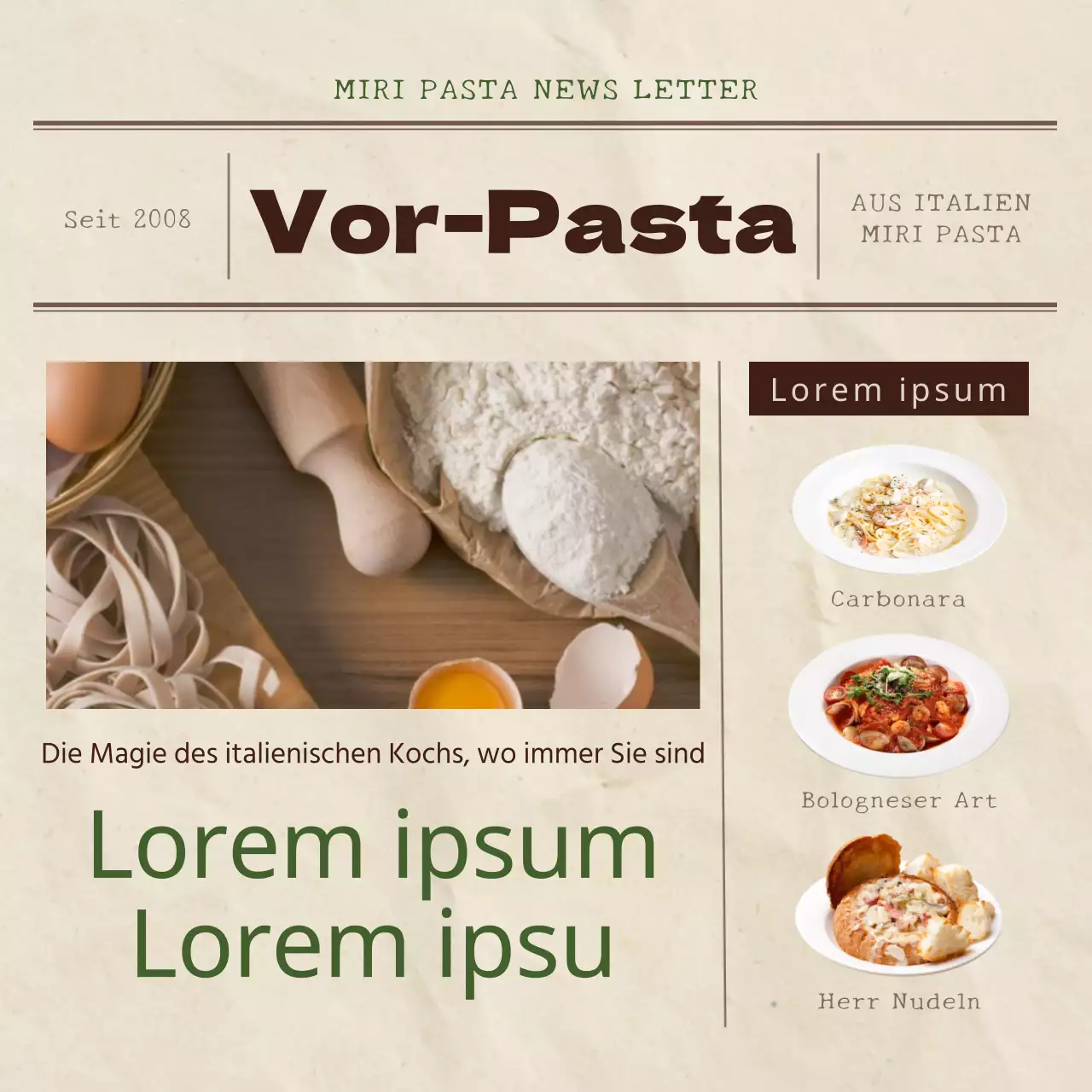 Werbung für das neue Pasta Meal Kit-Menü in beigefarbenem Vintage-Look