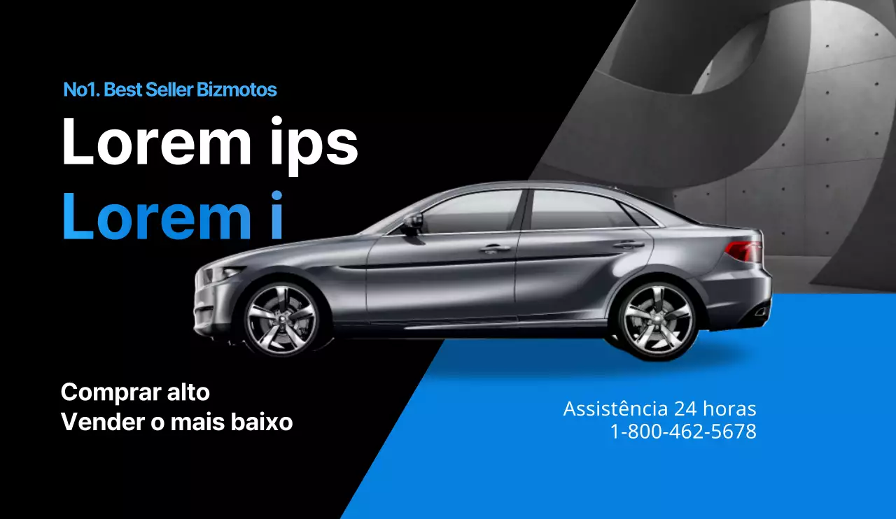 Design simples de promoção de automóveis usados num elegante esquema de cores azul