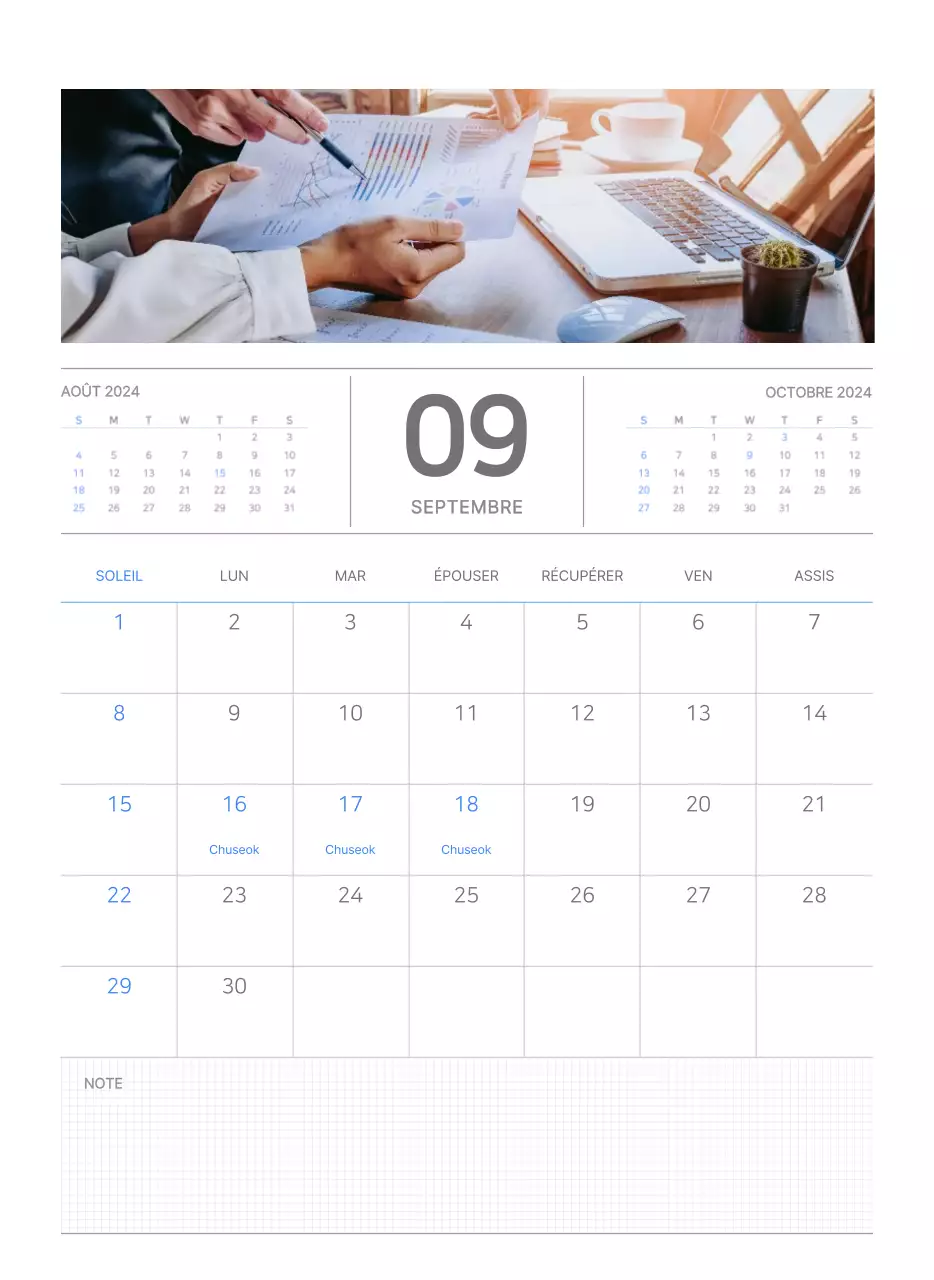 Calendrier mural bleu et blanc avec un concept d'entreprise simple