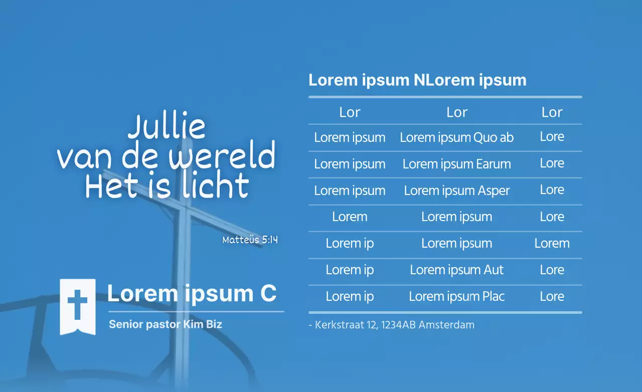 Voor het aankondigen en promoten van kerkdiensten in blauw en wit.