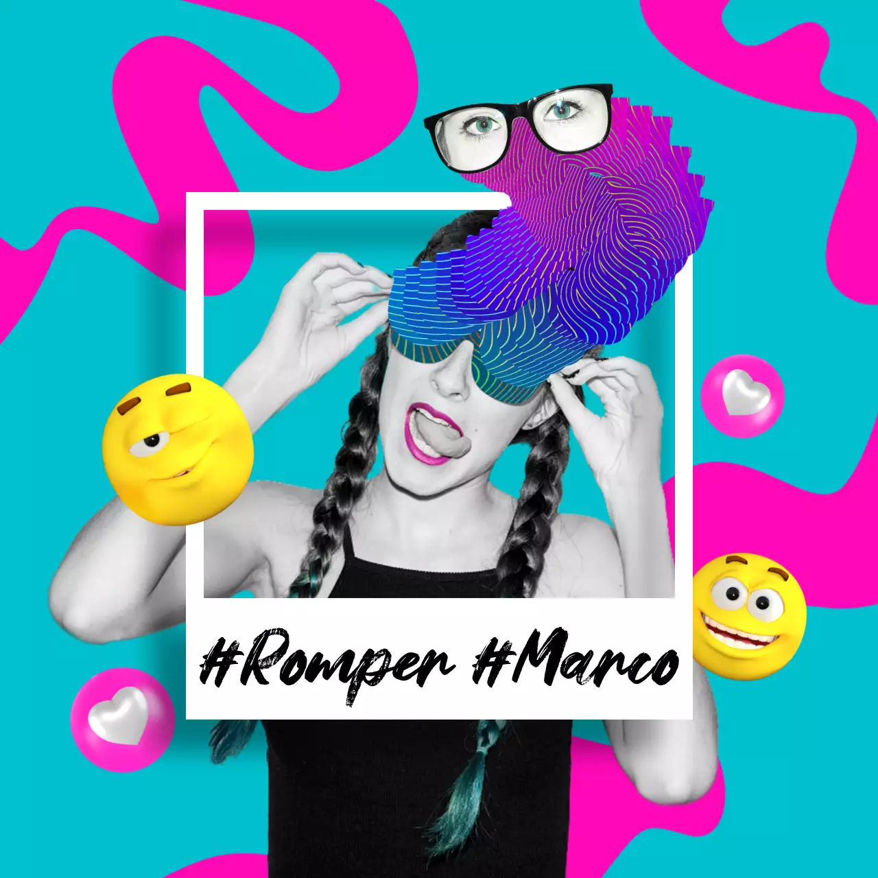 Material gráfico para un concepto kitsch de foto Polaroid en rosa intenso.