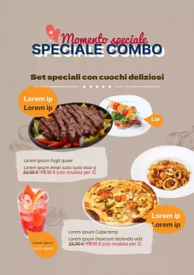 Elegante volantino promozionale del menu del ristorante in beige