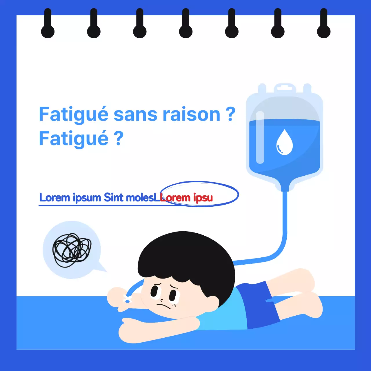 Informations sur la déshydratation chronique dans un format de type carnet de notes avec des illustrations simples et mignonnes en bleu et bleu clair.