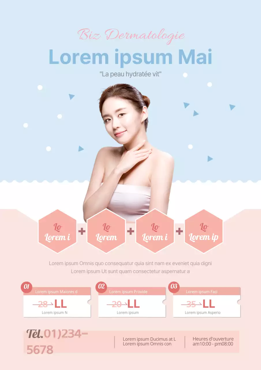 Un prospectus faisant la promotion d'une vente de soins de la peau chic en rose et bleu clair.