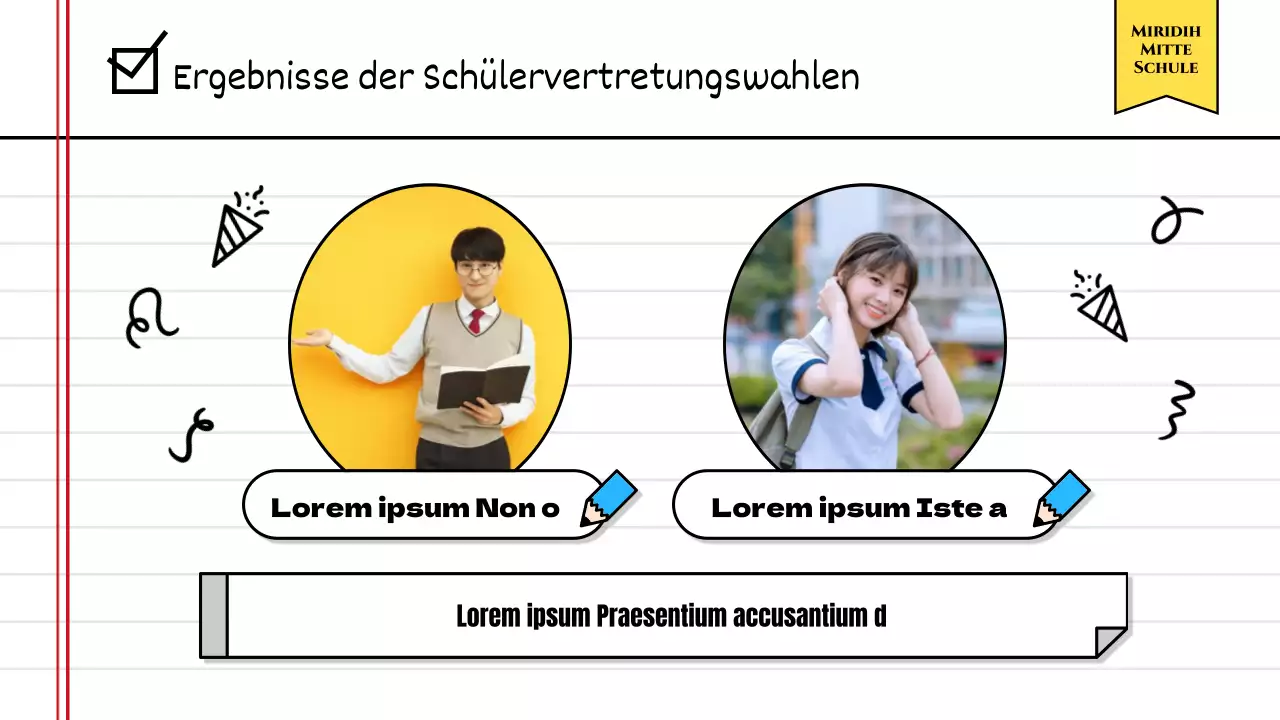 Bekanntgabe der Ergebnisse der Schülerratswahlen mit einem niedlichen gelben Schulheftkonzept