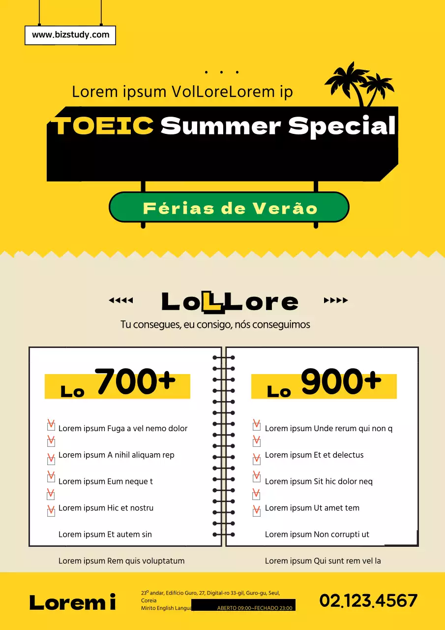 Ícones e texto em amarelo e preto para promover o TOEIC