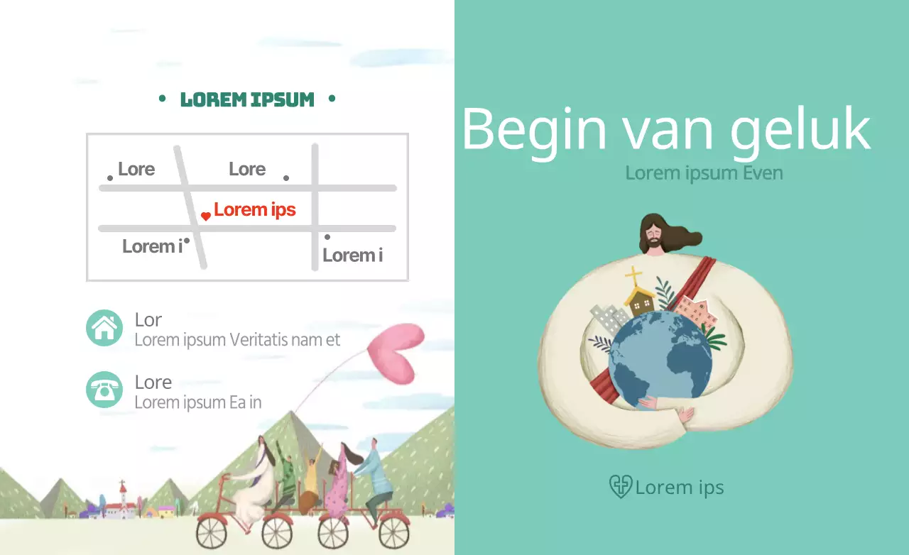 Emotioneel geïllustreerd concept in mint en wit met kerkinformatie en routebeschrijving