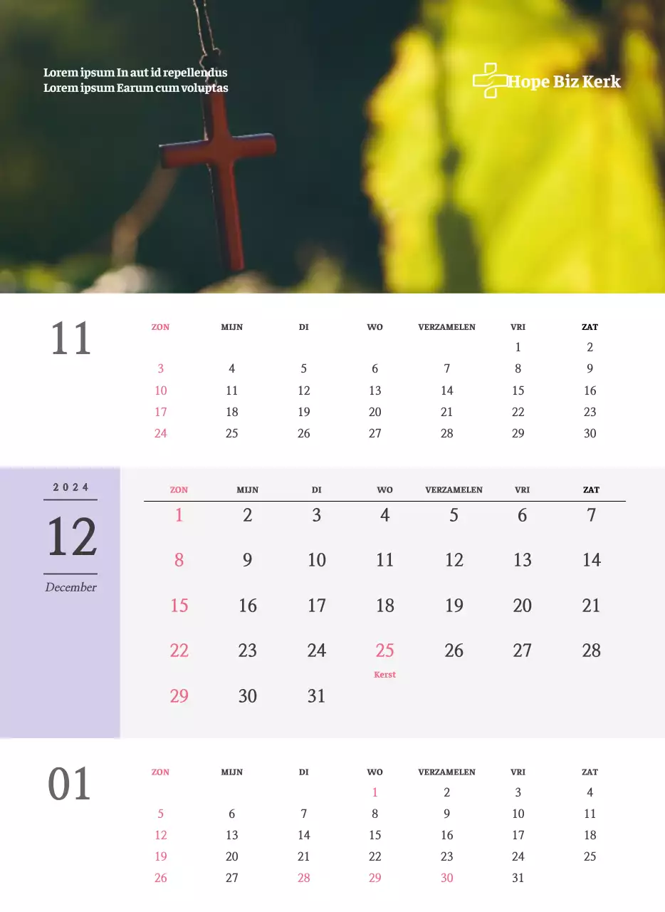 Eenvoudig concept kerkelijke muurkalender in zwart-wit met emotionele religieuze foto's