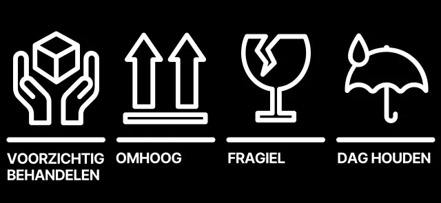 Eenvoudig ontwerp met zwarte en witte waarschuwingspictogrammen voor verzending