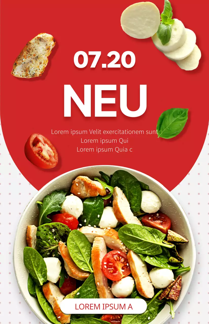 Werbung für ein neues Salatmenü mit einem rot-weißen Punktmuster als Hintergrund